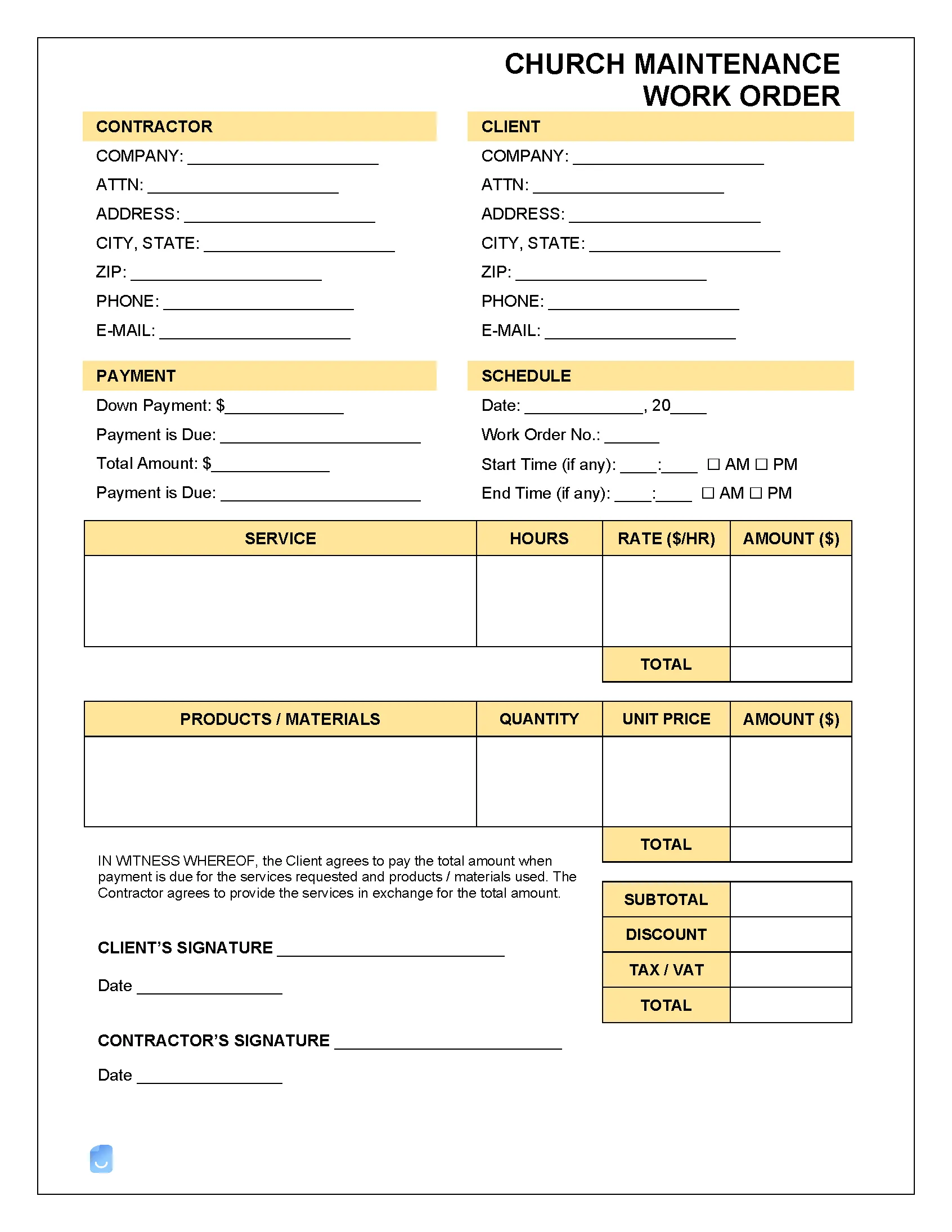 church maintenance work order template
