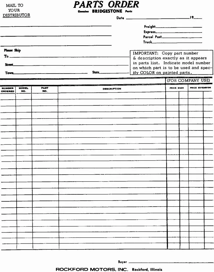 engine parts order sheet template