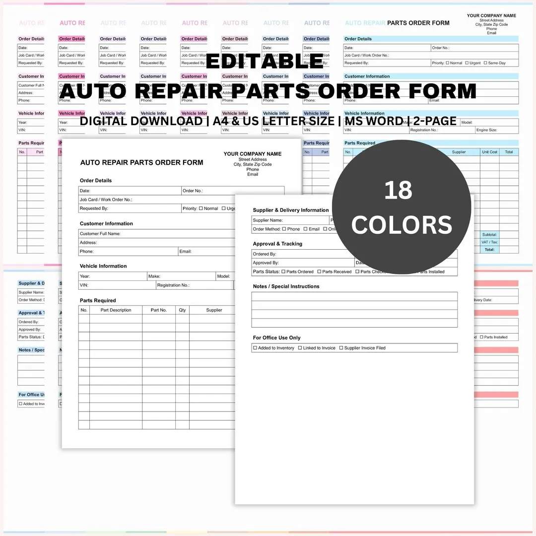 Printable engine parts order sheet template