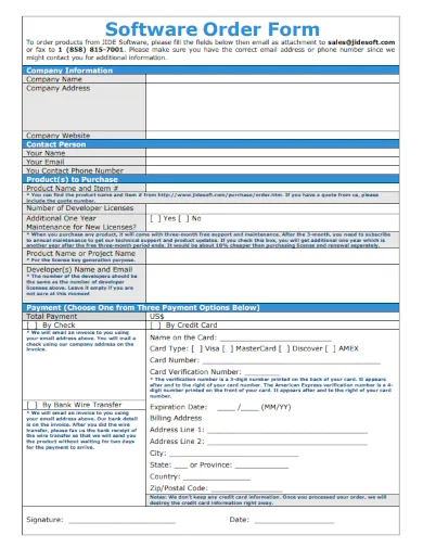 Printable enterprise software order form template