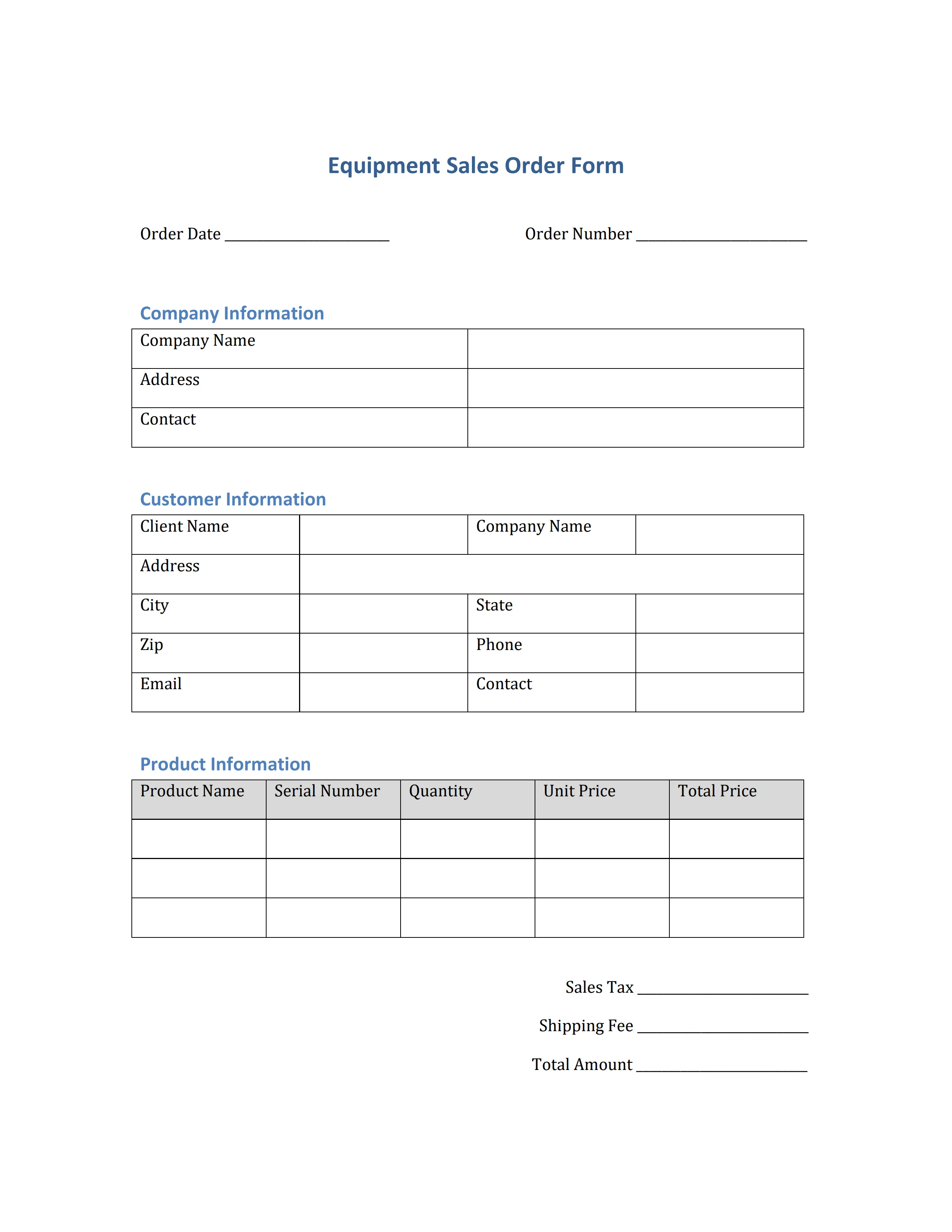 equipment sales order form template