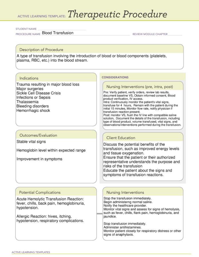ATI Therapeutic Procedure Template Blood Transfusion ATI Therapeutic Procedure Template Blood Transfusion