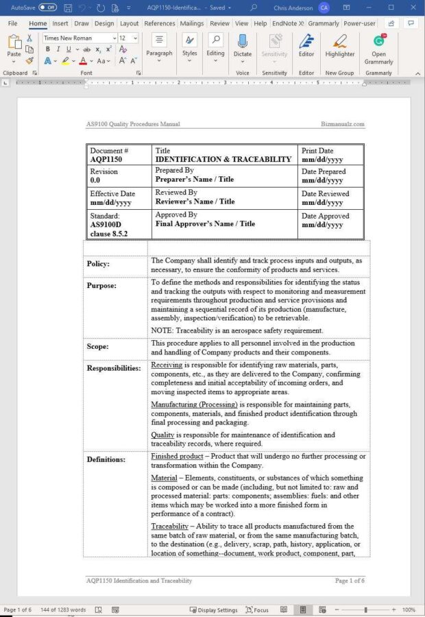 Identification And Traceability Procedure Template
