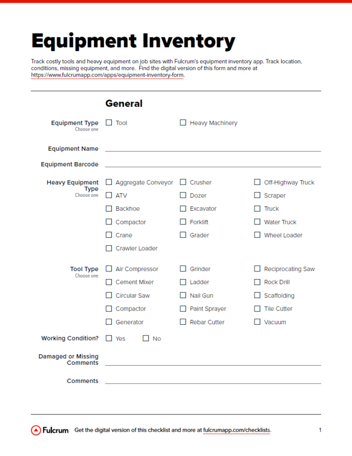 Construction Equipment Inventory Template