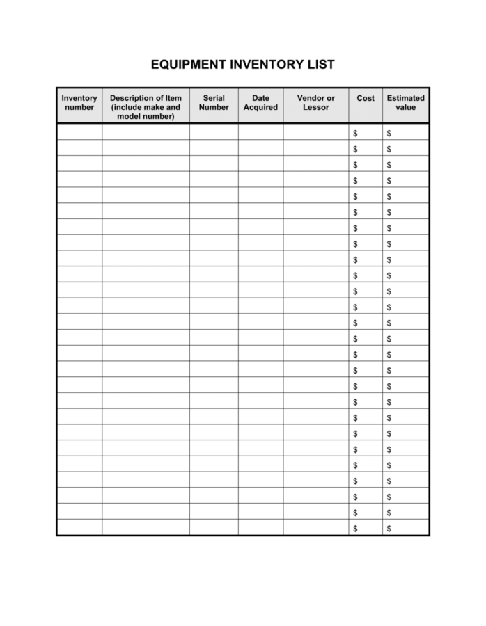 Equipment Inventory Sheet Template