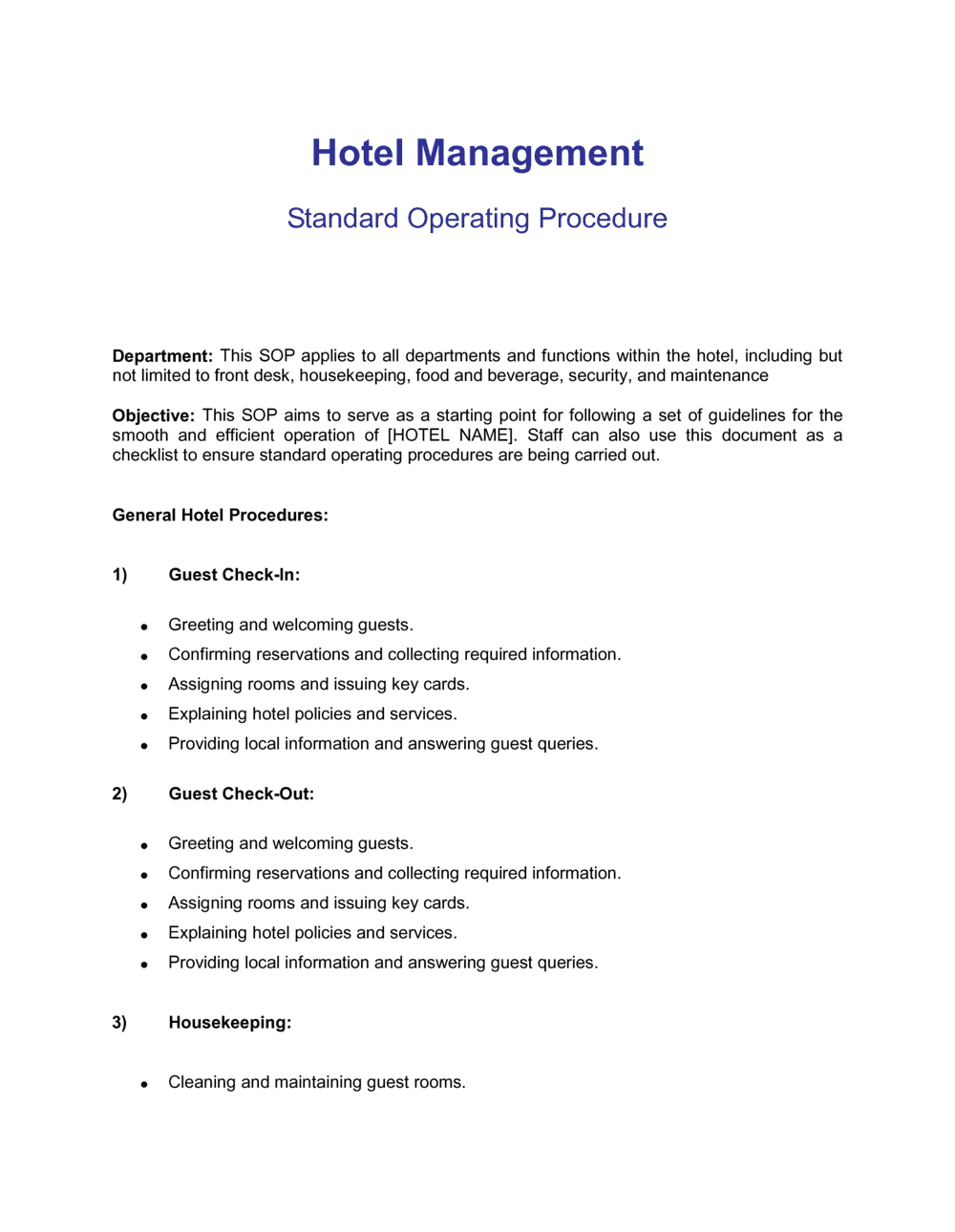 Hotel Standard Operating Procedure Template