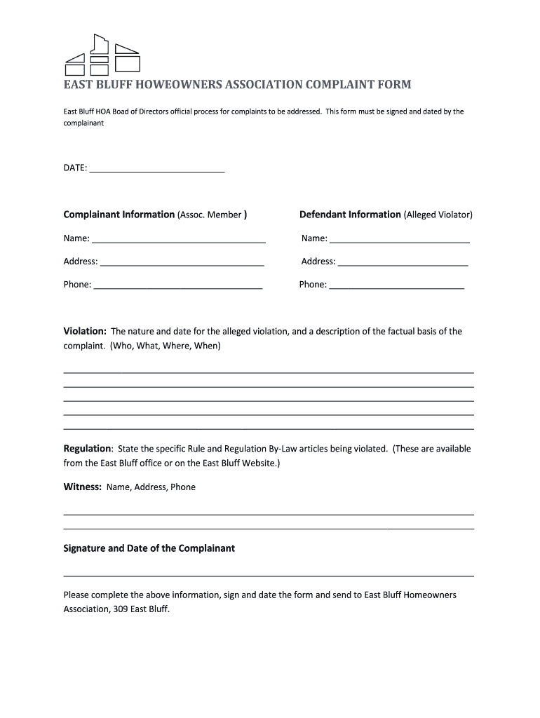 Hoa Complaint Form Template