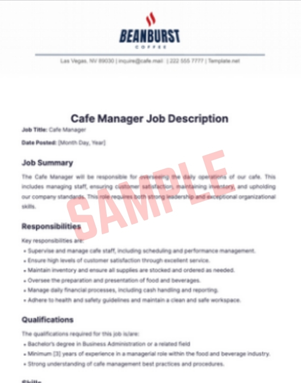 Cafe Manager Job Description Template