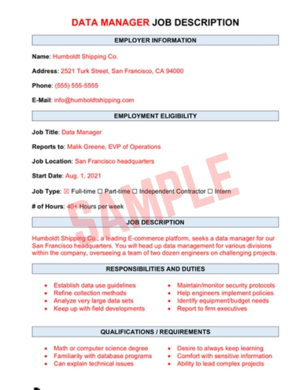 Data Manager Job Description Template