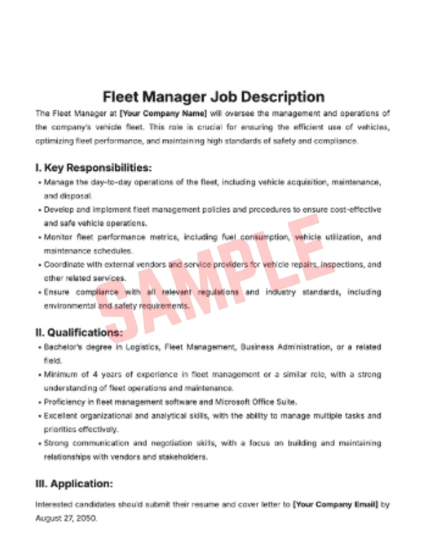 Fleet Manager Job Description Template