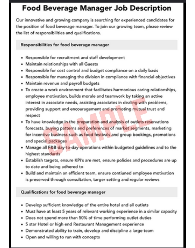 Food And Beverage Manager Job Description Template