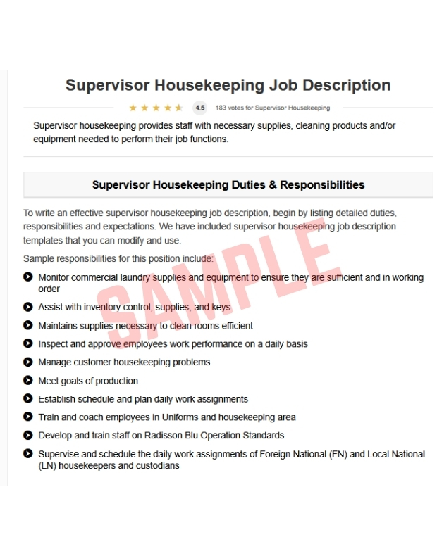 Housekeeping Supervisor Job Description Template