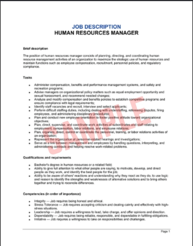 Human Resources Manager Job Description Template