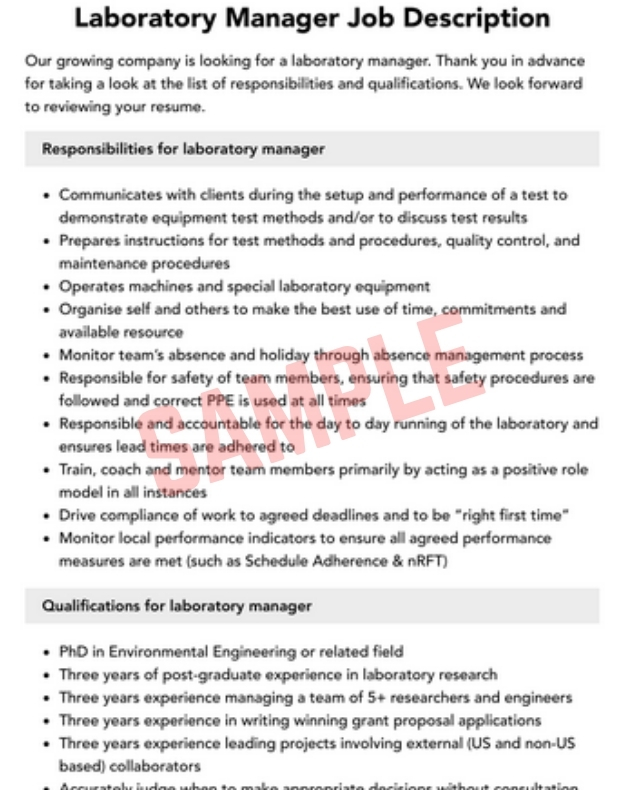 Laboratory Manager Job Description Template