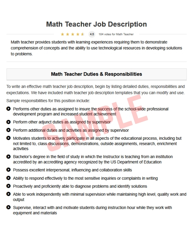 Math Teacher Job Description Template