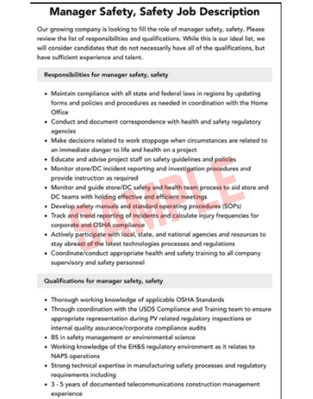 Safety Manager Job Description Template