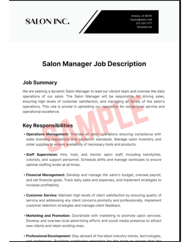 Salon Manager Job Description Template