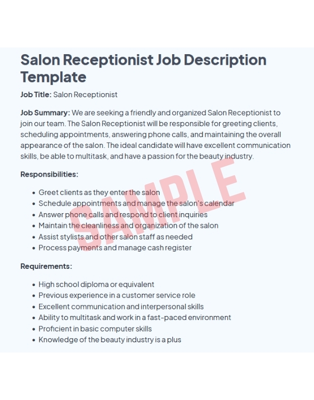 Salon Receptionist Job Description Template