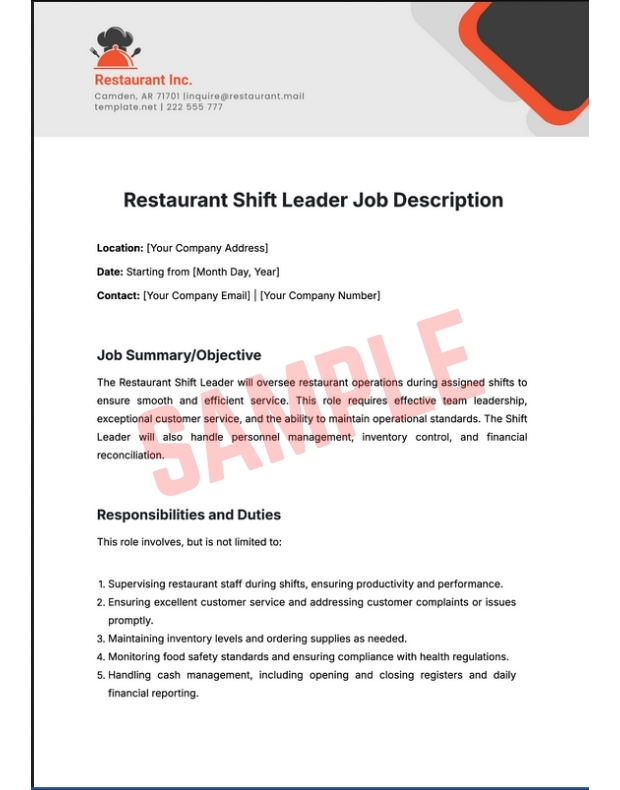 Shift Leader Job Description Template