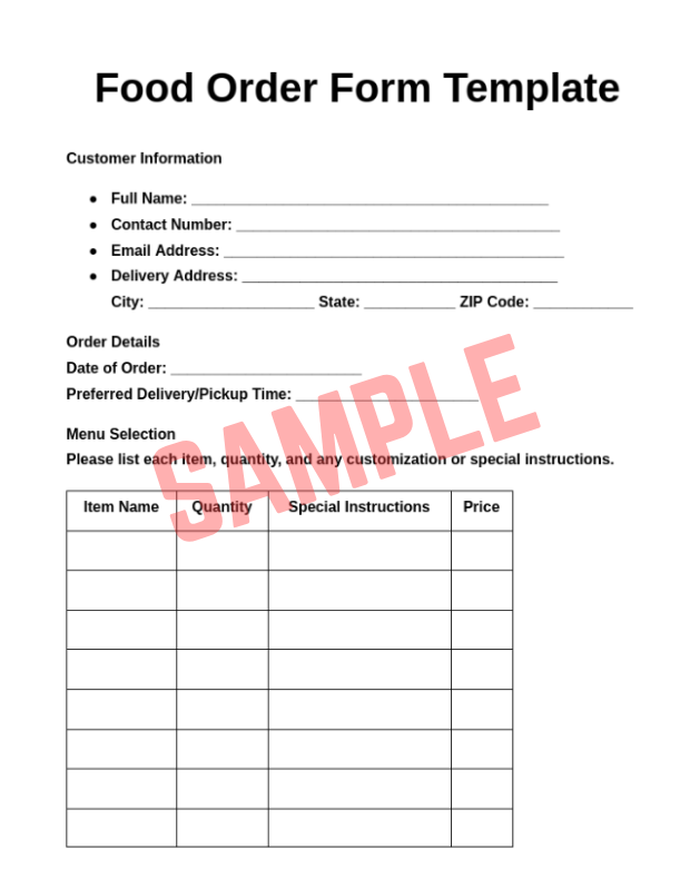 Fast Food Order Form Template