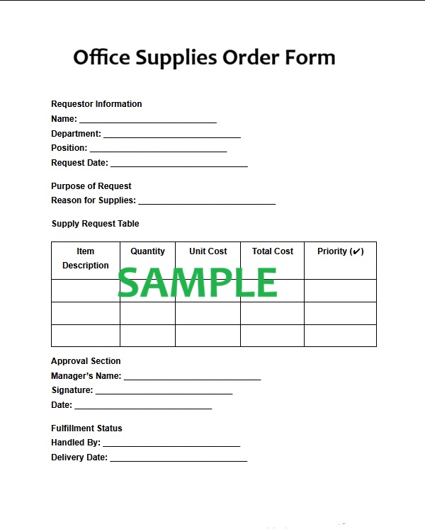 Free Office Supplies Order Form