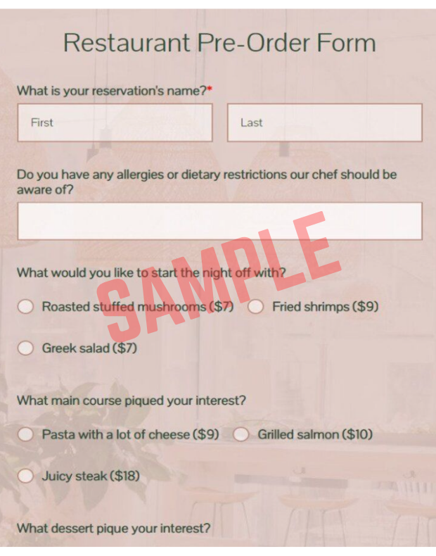 Restaurant Pre Order Form Template