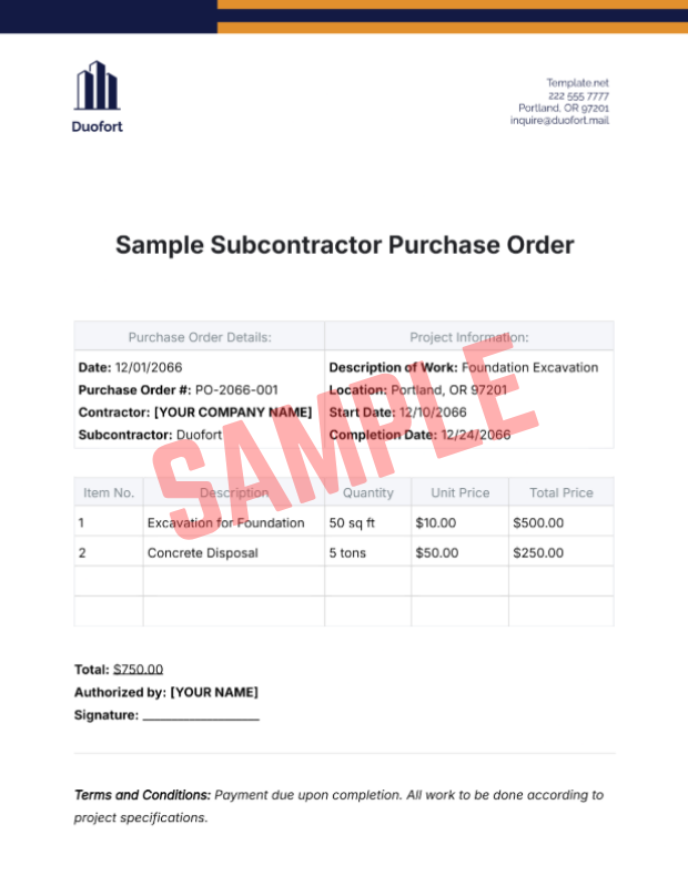 Subcontractor Construction Purchase Order Template