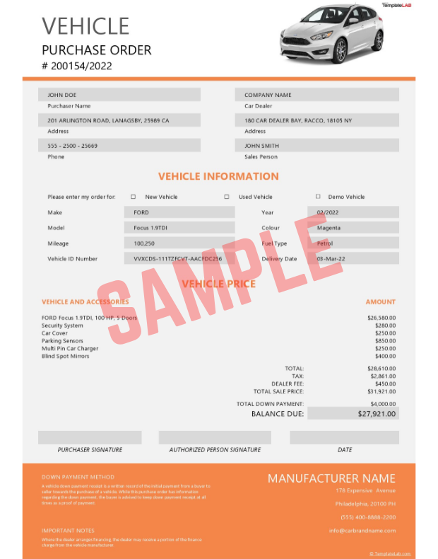 Used Car Purchase Order Template