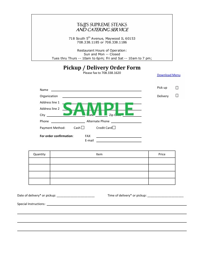 Pick Up Order Form Template Free