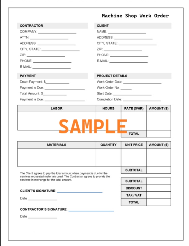 Free Machine Shop Work Order Template