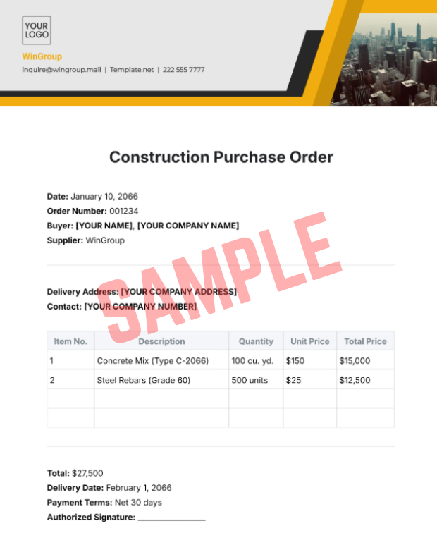 Construction Materials Purchase Order Template