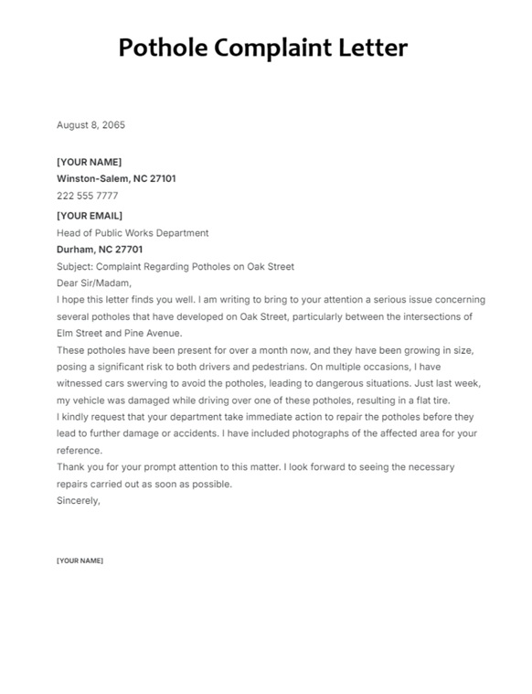 Pothole Complaint Letter Template