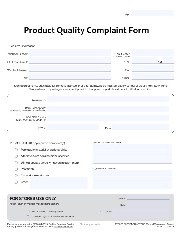 Product Quality Complaint Form Template