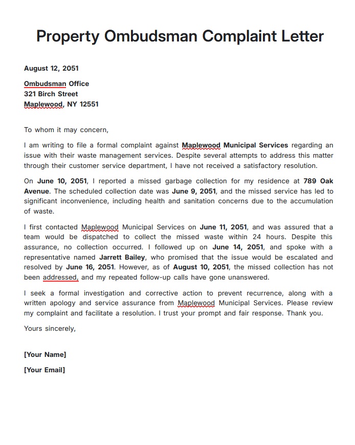 Property Ombudsman Complaint Letter Template