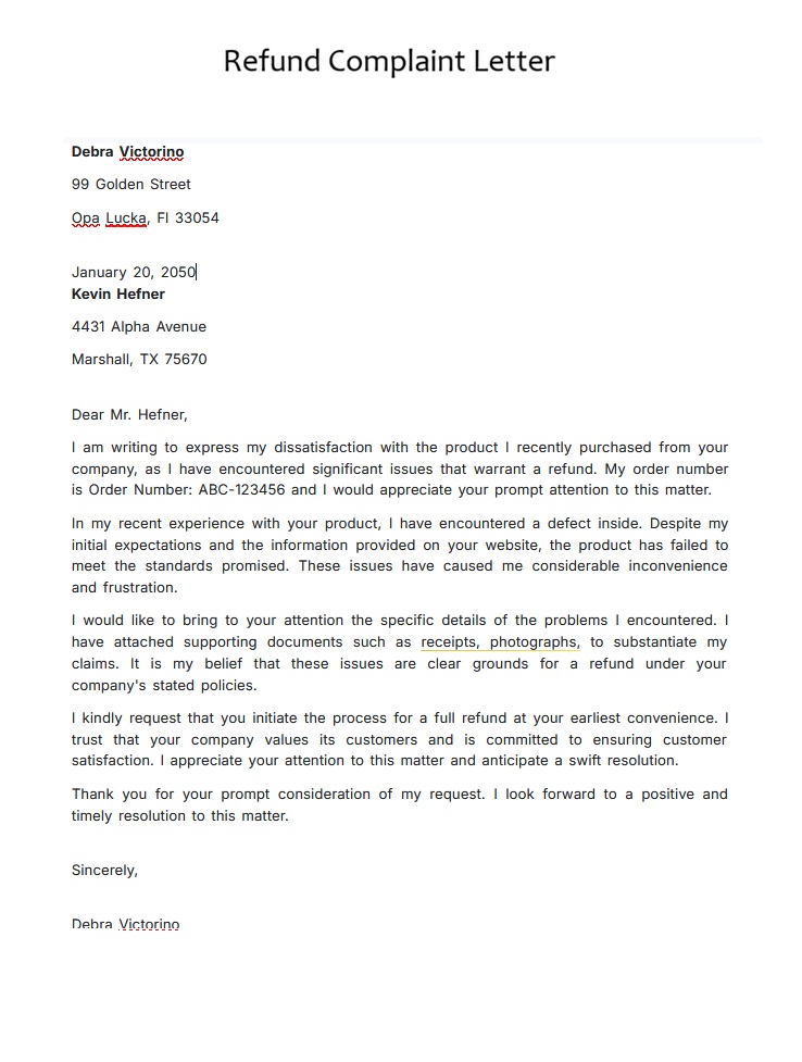 Refund Complaint Letter Template