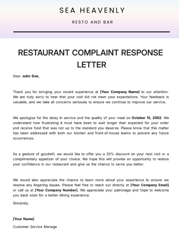 Restaurant Complaint Response Template