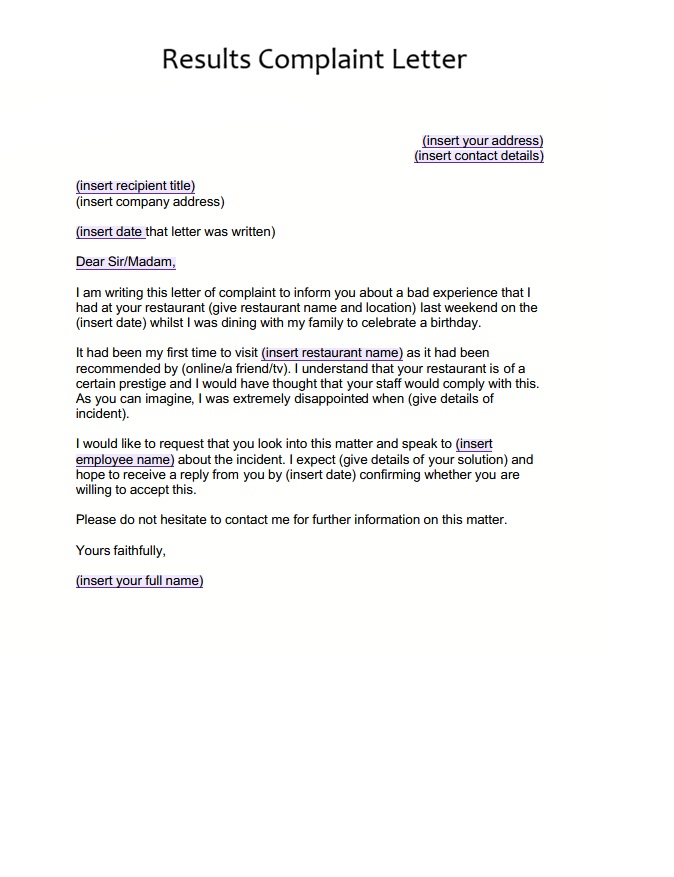 Results Complaint Letter Template