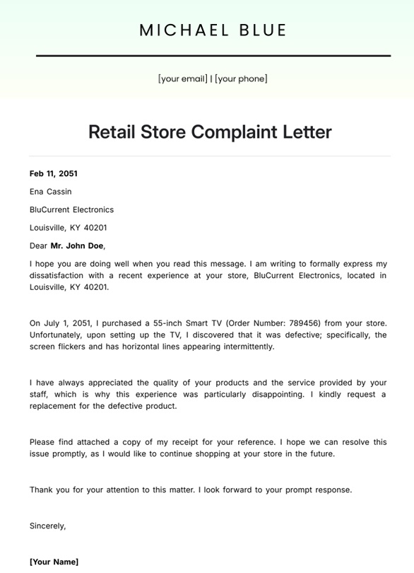 Retail Complaint Letter Template