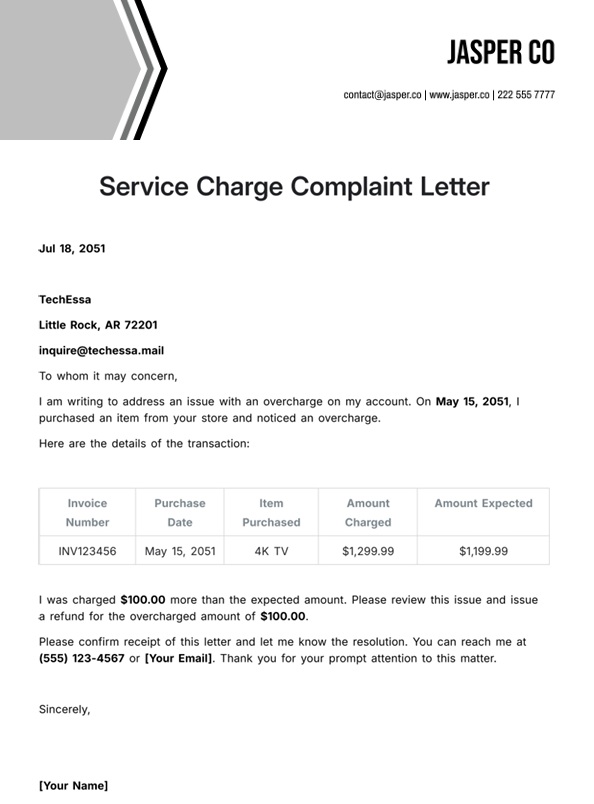 Service Charge Complaint Letter Template