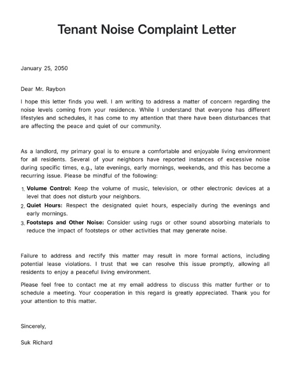 Tenant Noise Complaint Letter Template