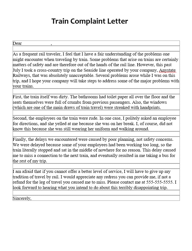 Train Complaint Letter Template