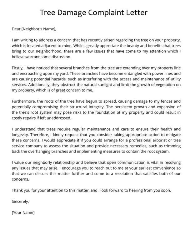 Tree Damage Complaint Letter Template