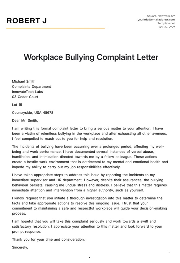 Workplace Bullying Complaint Letter Template