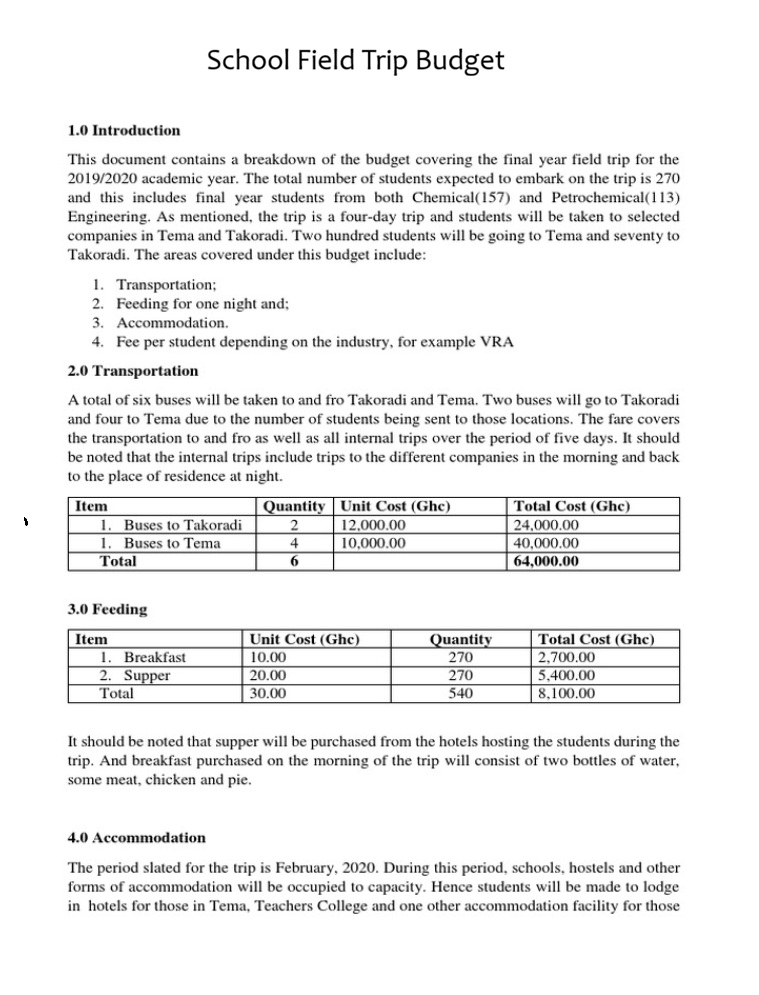 School Field Trip Budget Template