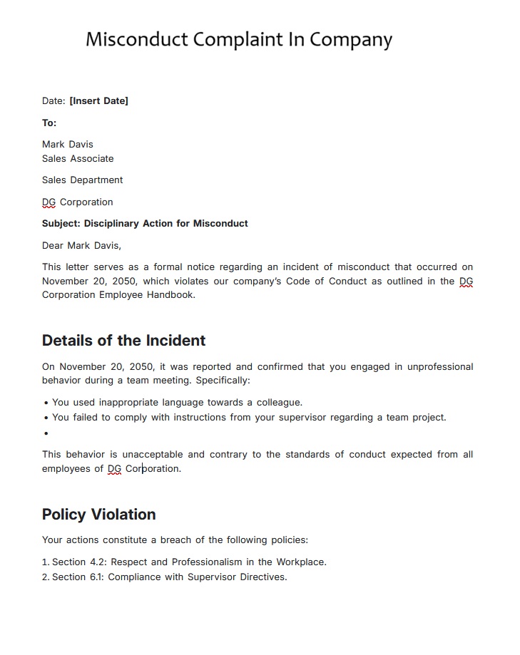 Misconduct Complaint In Company Template