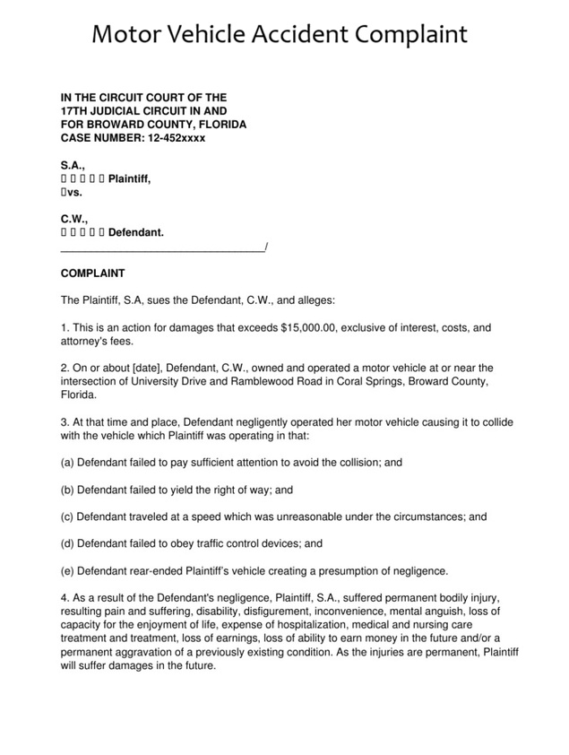 Motor Vehicle Accident Complaint Template