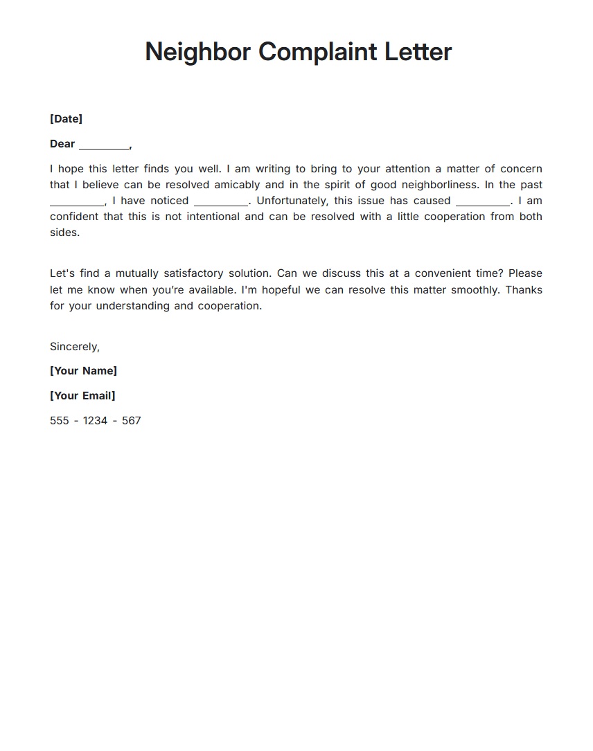 Neighbor Complaint Letter Template