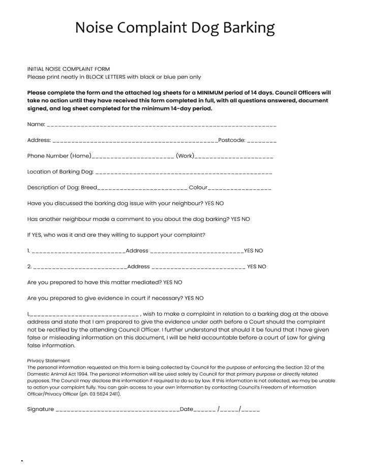 Noise Complaint Dog Barking Template