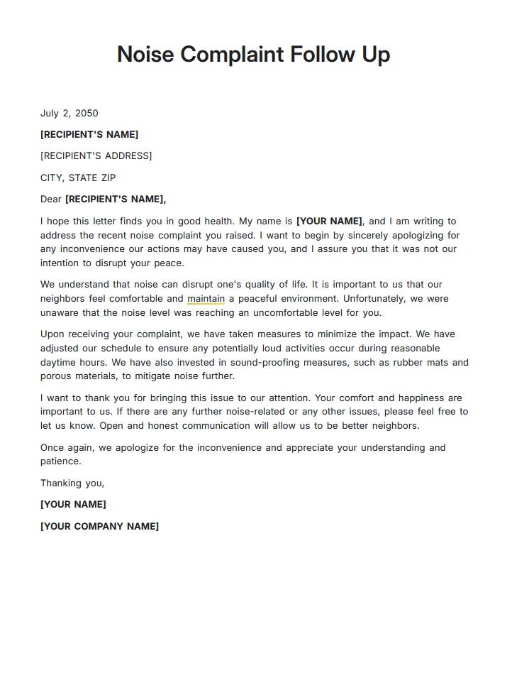 Noise Complaint Follow Up Template