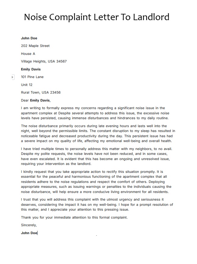 Noise Complaint Letter To Landlord Template